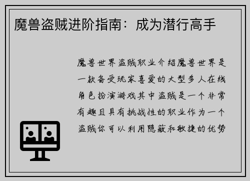 魔兽盗贼进阶指南：成为潜行高手